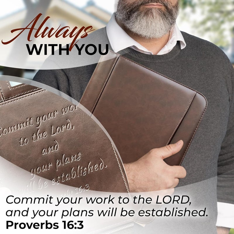 DEHITE Leather Portfolio for Men and Women - Christian Religious Gifts - Padfolio with Laptop Pocket - Letter Size Organizer for Bible Notebook Notepad - Brown Full Grain Zipper Binder - Image 5